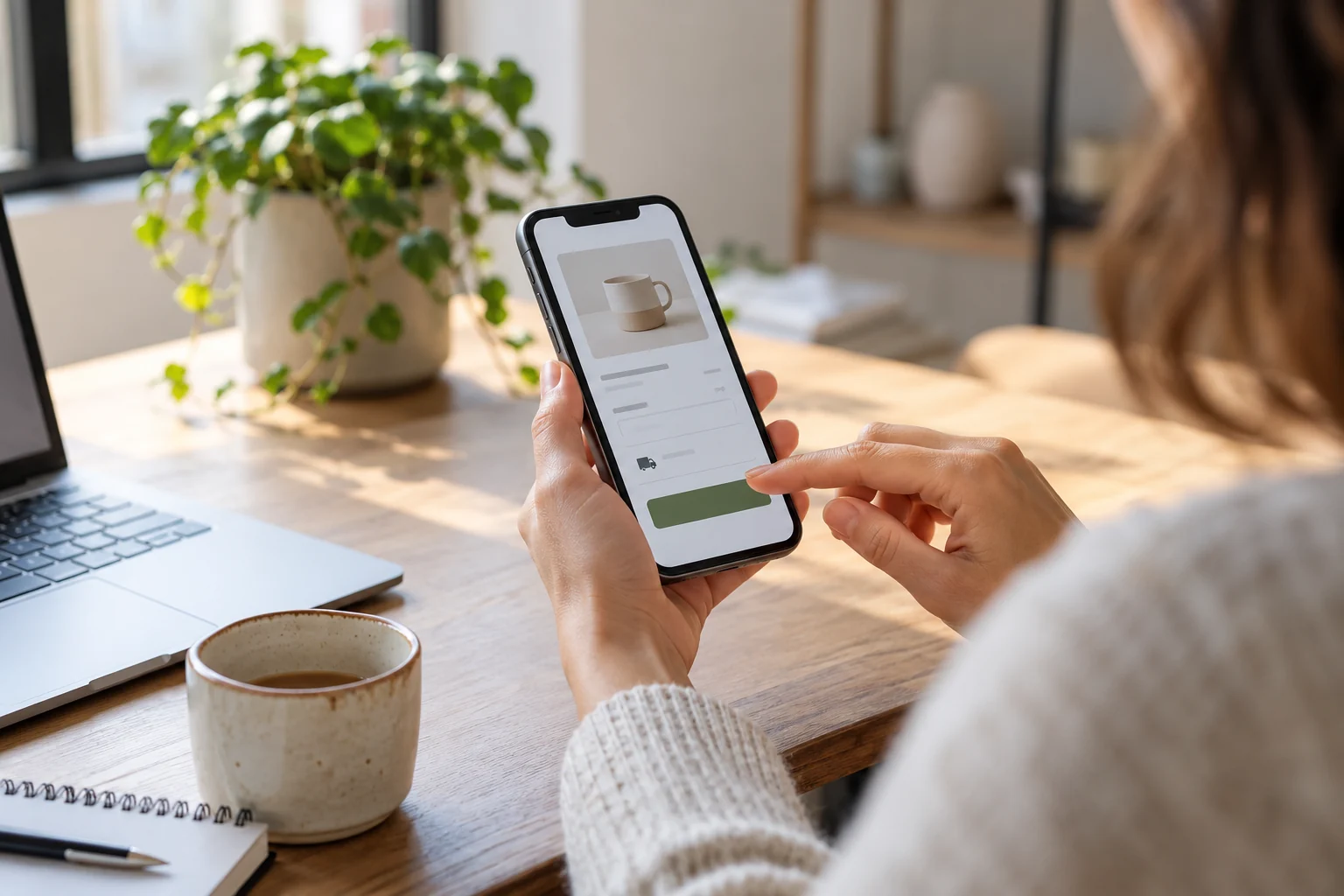 Telefonda e-ticaret ödeme adımını tamamlayan kullanıcı — yapay zekâ ile oluşturulmuş temsili fotoğraf
