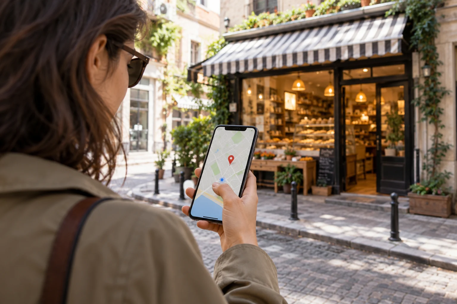 Mağazaya ulaşmak için telefon haritasını inceleyen kullanıcı — yapay zekâ ile oluşturulmuş temsili fotoğraf