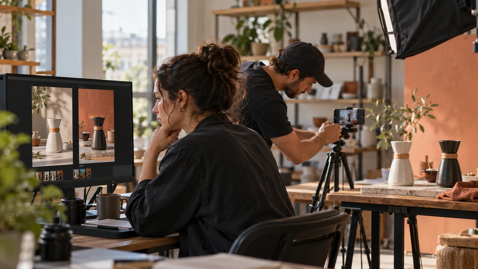 Ürün için iki dikey video açılışını profesyonel çekim alanında değerlendiren pazarlama ekibi — yapay zekâ ile oluşturulmuş temsili fotoğraf