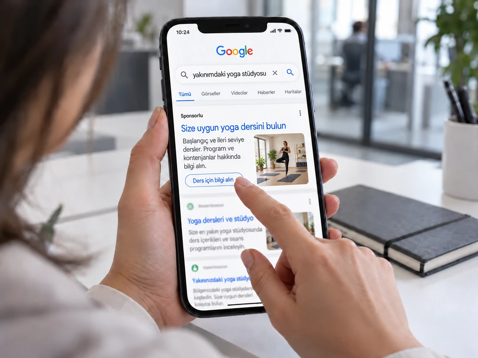 Telefonda yakındaki yoga stüdyolarını ararken sponsorlu Google reklamından ders bilgisi alan müşteriyi betimleyen sahne