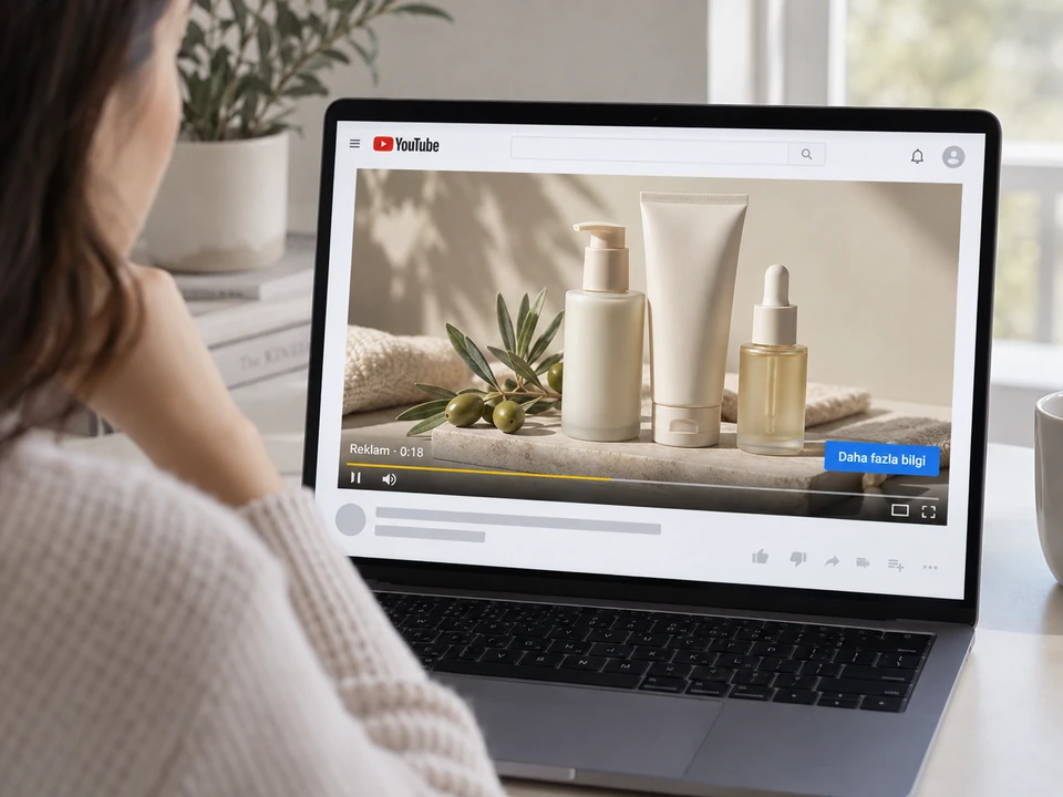 Dizüstü bilgisayarda YouTube ürün reklamını izleyerek bir markayla tanışan müşteriyi betimleyen sahne
