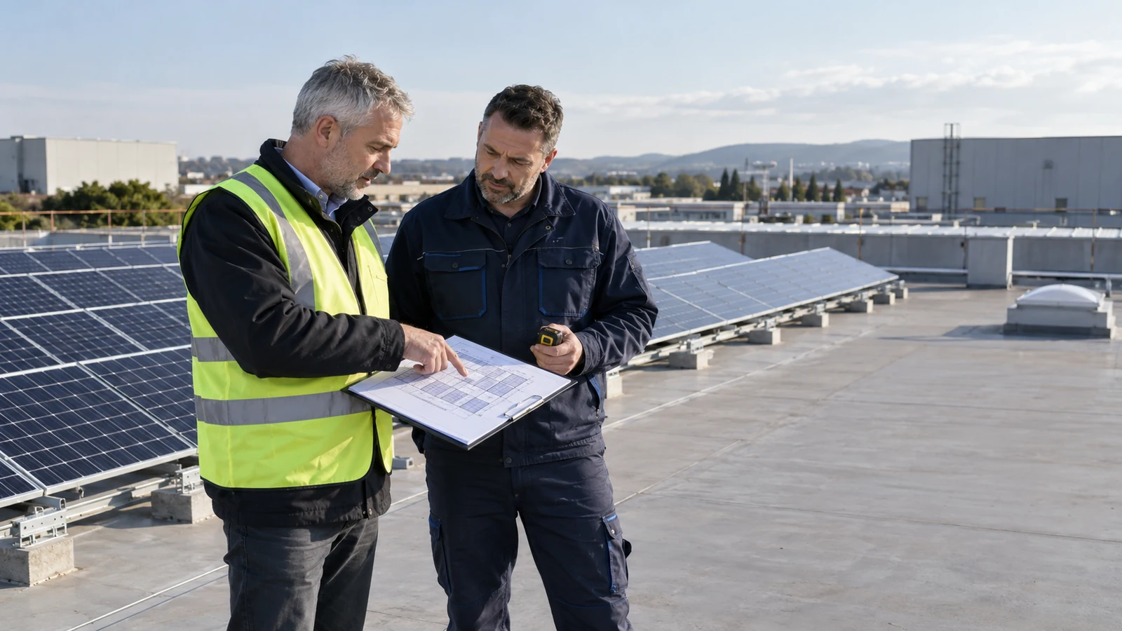 Ticari binanın çatısında güneş enerjisi projesi için keşif yapan mühendis ve tesis sorumlusu; temsili form reklamı sahnesi